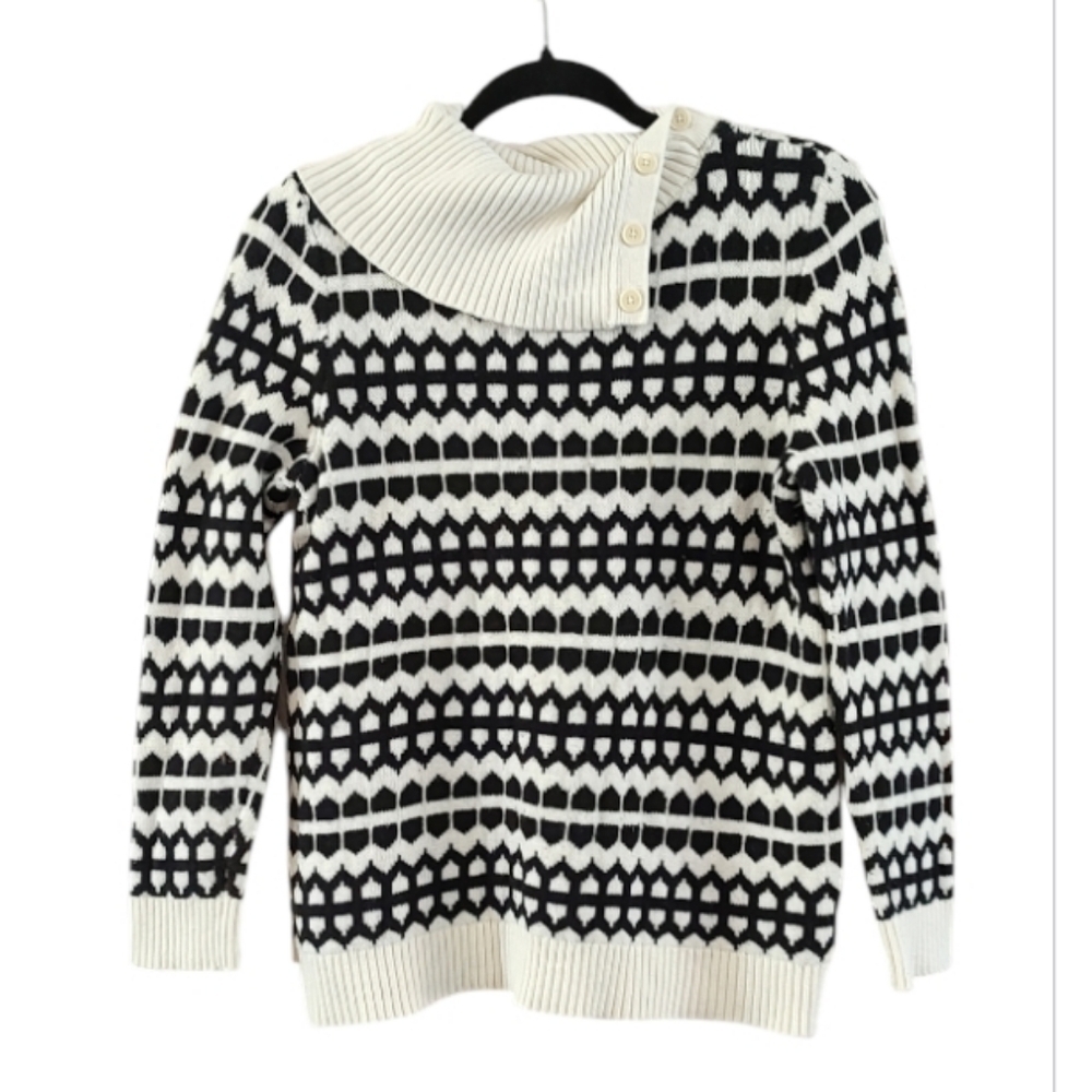 Talbots Black and White Houndstooth Cowl Neck Sweater